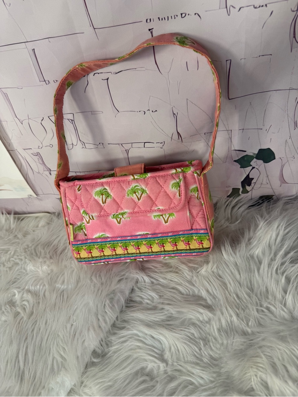 Pink Quilted Shoulder Bag with Palm-Print Trim
